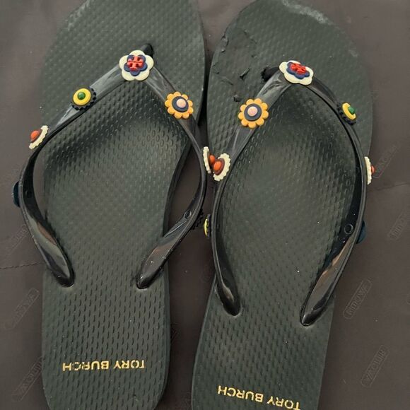 Tory Burch Marguerite Floral Flip Flop Rubber cute logo flats rare sold out shoe - Picture 2 of 7